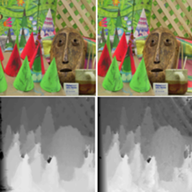 View of 4 images: left and right side of a stereoscopid image, and their depth maps